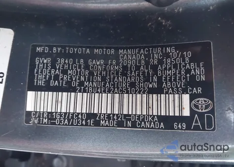 2010 Toyota Corolla Le z USA, uszkodzony, nr VIN 2T1BU4EE2AC510222